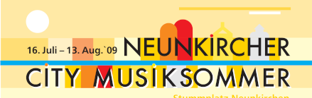 Schriftzug 'Neunkircher Cits-Sommer' oben hinterlegt 
    mit grafischem Hüttenmotiv in rötlich-gelben Abstufungen und unten mit Rechteckflächen in rötlich-gelben Farben und dünner blauer Linie