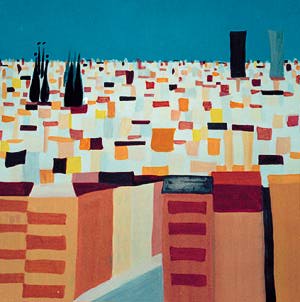 Abstrakte Quadrate als Hauskulisse in rötlichen Hellbraun-Tönen, durchsetzt mit weißen Gebäuden vor tiefblauem Himmel, halblinks schematisch die Sagrada Familia, am Horizont die Zwillingstürme von Barcelona