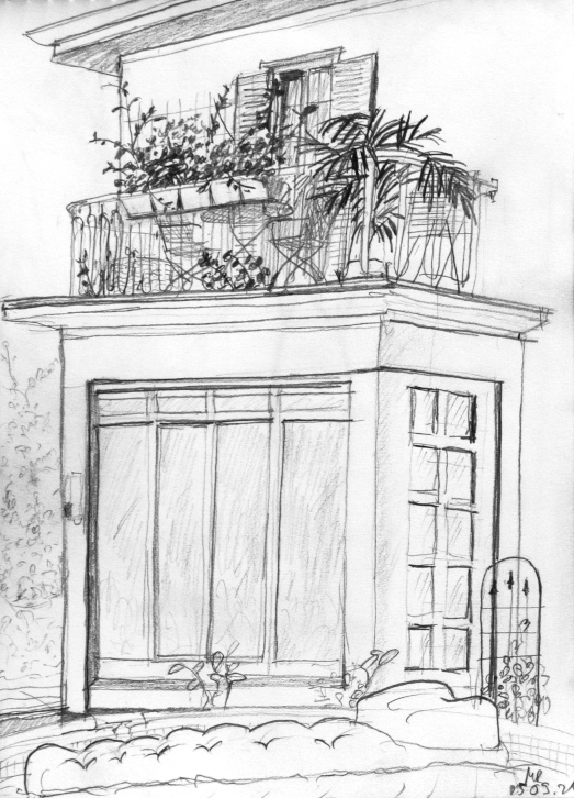Beistiftkizze Wohnhausrückseite mit Balkon