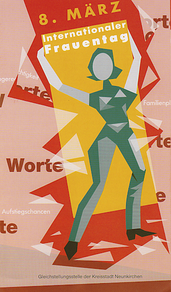 In zackigen Formen abstrahierte Frau im grünlichen Overrall, gelbes Objekt mit Text 