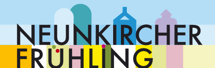 Schriftzug 'Neunkircher Frühling' oben hinterlegt 
    mit grafischem Hüttenmotiv in Blauabstufungen und unten mit Rechteckflächen in Frühlingsfarben